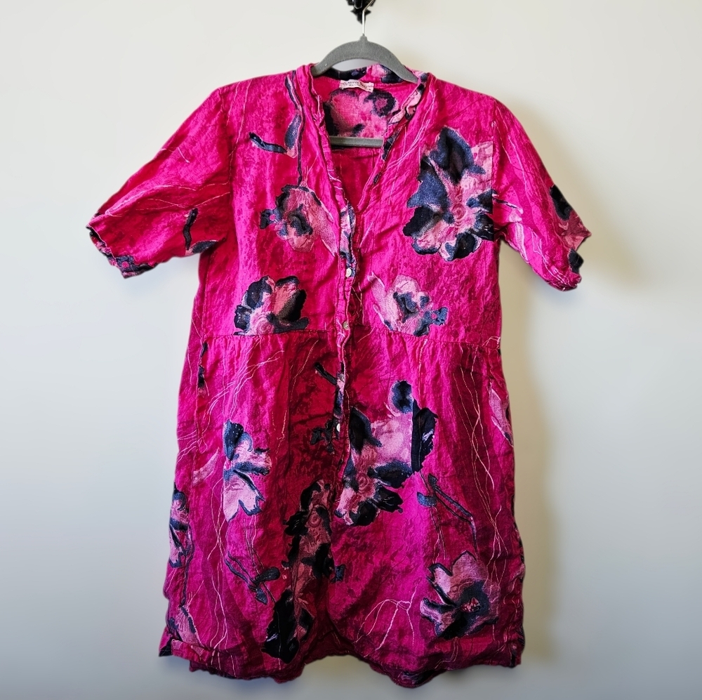 Caterina Ricci Floral 100% Linen Dress Size S Short Sleeve Made In Italy